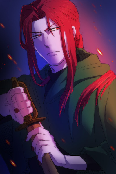 1boy, cloak, drawing_sword, gannen_harst, holding, holding_sheath, holding_sword, holding_weapon