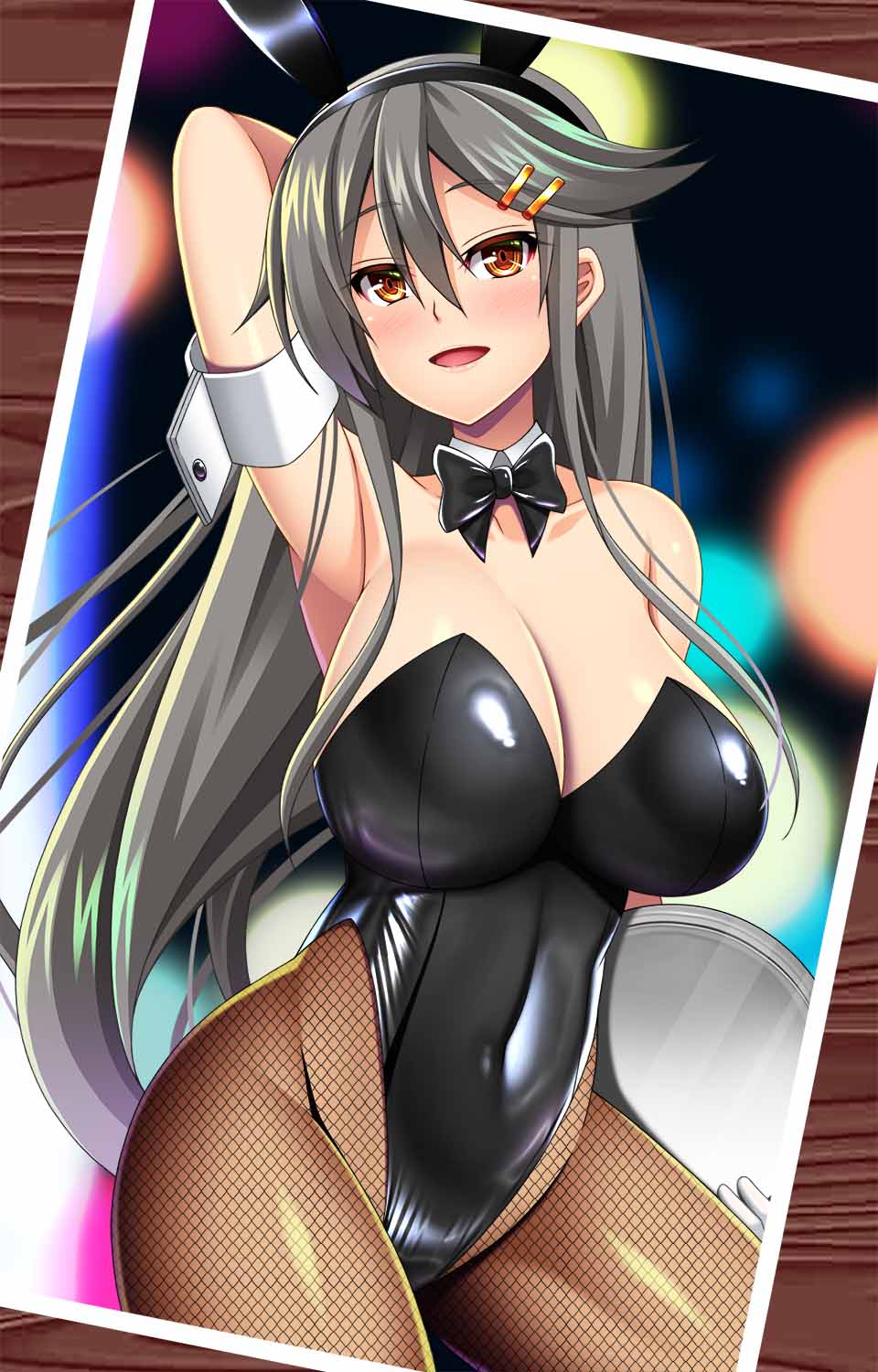 1girl, alternate_costume, animal_ears, black_bow, black_bowtie, black_hair, black_leotard, bow