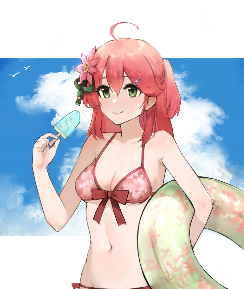absurdres, ahoge, bikini, cherry_blossom_print, clouds, eyebrows_visible_through_hair, floral_print, flower, food, green_eyes, hair_between_eyes, hair_flower, hair_ornament, hairclip, highres, hololive, medium_hair, one_side_up, pink_hair, popsicle, r.r_(yohanee), ribbon, sakura_miko, sky, swimsuit, virtual_youtuber
