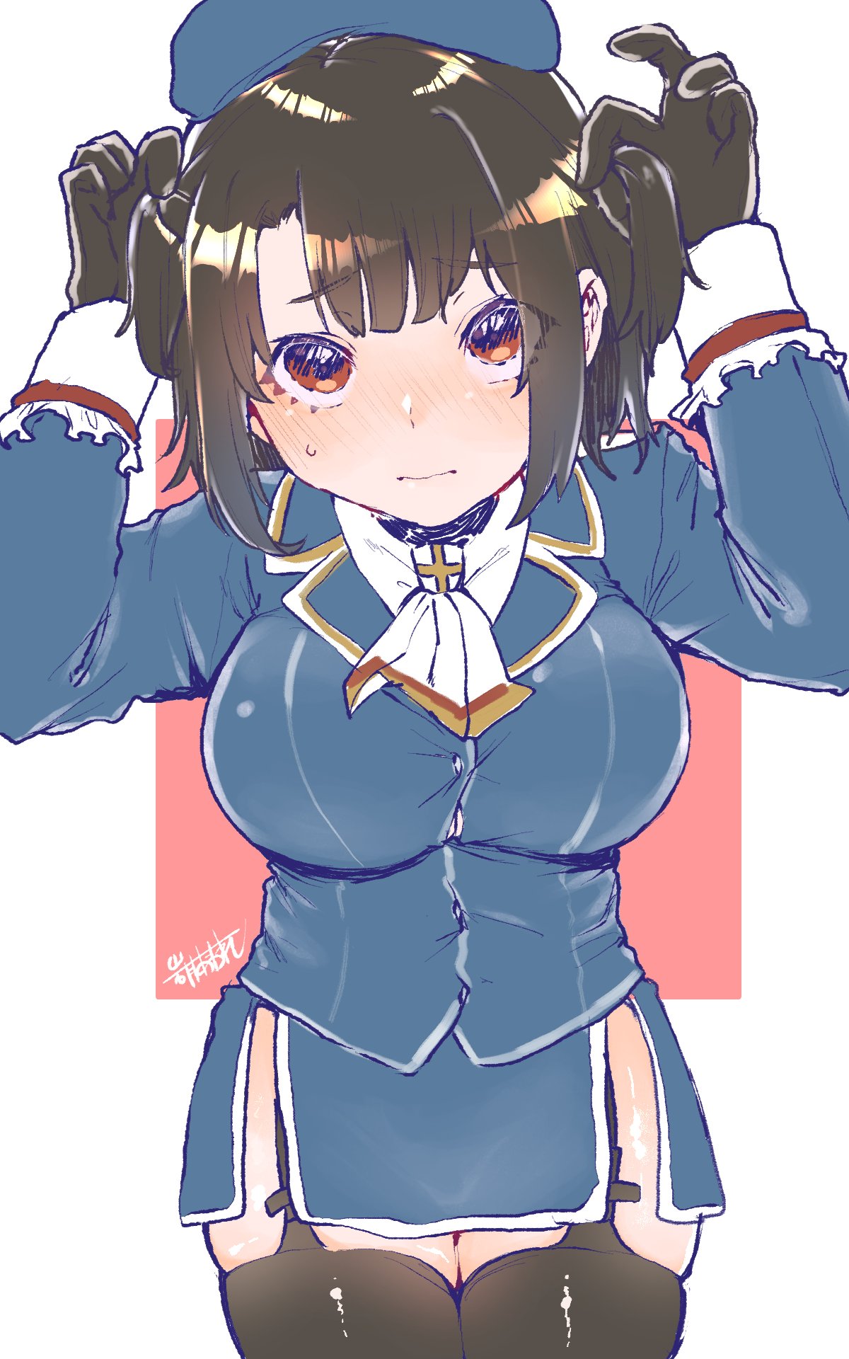 1girl, alternate_hairstyle, beret, black_gloves, black_hair, black_legwear, blue_headwear, blue_skirt