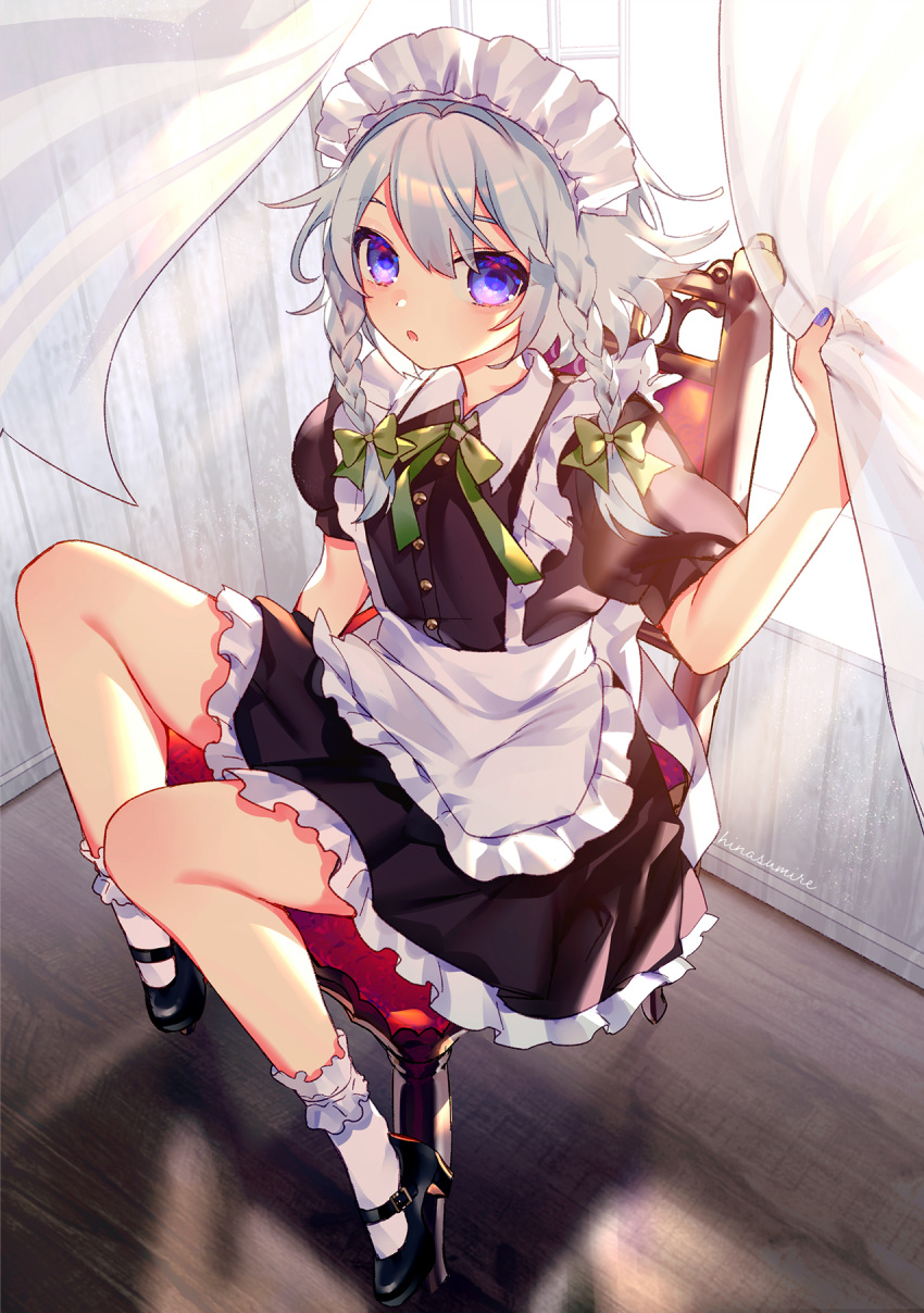 1girl, :o, apron, artist_name, bangs, bare_arms, bare_legs, black_footwear, blue_eyes, blue_nails, braid, chair, commentary_request, curtain_grab, curtains, dress, flat_chest, frilled_dress, frilled_legwear, frills, green_ribbon, hair_ornament, hair_ribbon, head_tilt, highres, hinasumire, holding, holding_curtain, indoors, izayoi_sakuya, knees_up, looking_at_viewer, looking_up, maid, maid_apron, maid_headdress, mary_janes, nail_polish, neck_ribbon, open_mouth, pleated_dress, puffy_sleeves, ribbon, shoes, short_sleeves, silver_hair, sitting, socks, solo, touhou, twin_braids, twintails, white_legwear, window