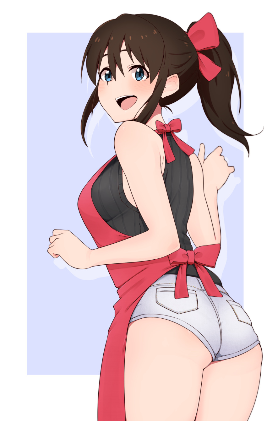 1girl, :d, apron, ass, bangs, bare_arms, bare_shoulders, black_sweater, blue_background, blue_eyes, blush, border, bow, breasts, brown_hair, commentary_request, cowboy_shot, denim, denim_shorts, eyebrows_visible_through_hair, from_side, grey_shorts, hair_between_eyes, hair_bow, hand_up, high_ponytail, highres, idolmaster, idolmaster_million_live!, long_hair, looking_away, medium_breasts, minakami, open_mouth, outside_border, pocket, ponytail, red_apron, red_bow, ribbed_sweater, satake_minako, short_shorts, shorts, sidelocks, silhouette, sleeveless, sleeveless_sweater, smile, solo, standing, sweater, upper_teeth, white_border