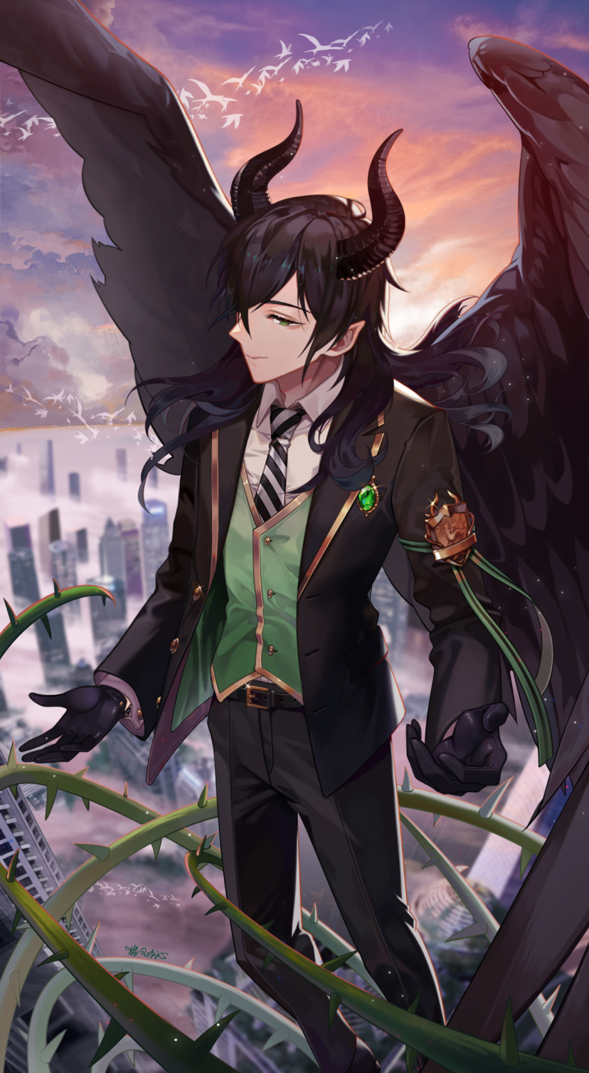 1boy, animal, bangs, belt, belt_buckle, bird, black_footwear, black_gloves