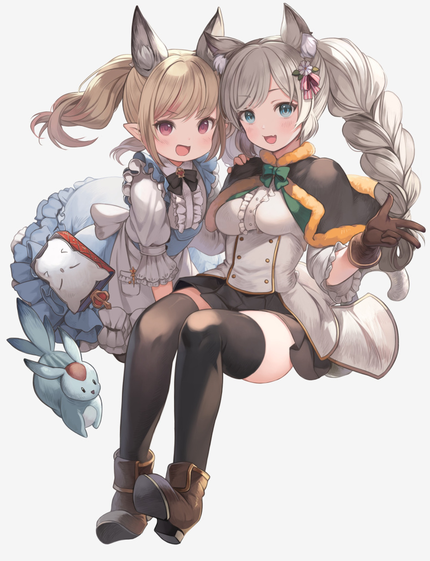 2girls, absurdres, animal, animal_ears, apron, bangs, black_legwear, black_skirt, blue_dress, blue_eyes, blush, book, boots, bow, braid, breasts, brown_footwear, brown_gloves, brown_hair, capelet, cat_ears, center_frills, check_copyright, commentary_request, commission, copyright_request, crown, double-breasted, dress, extra_ears, eyebrows_visible_through_hair, fang, final_fantasy, final_fantasy_xiv, flower, frilled_dress, frilled_sleeves, frills, full_body, fur_trim, gloves, green_bow, grey_background, grey_hair, hair_flower, hair_ornament, hair_ribbon, highres, invisible_chair, long_sleeves, looking_at_viewer, medium_breasts, multiple_girls, open_mouth, original, pink_ribbon, pointy_ears, ponytail, red_eyes, ribbon, sitting, skin_fang, skindentation, skirt, sleeves_past_elbows, smile, srm_chi, striped, striped_ribbon, swept_bangs, thigh-highs, twin_braids, w, white_apron, white_flower, zettai_ryouiki