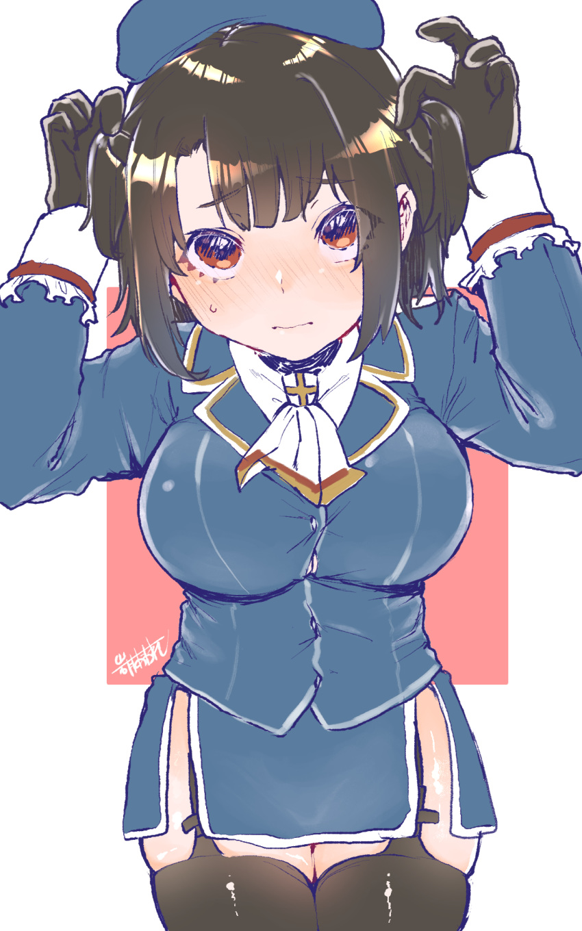 1girl, alternate_hairstyle, beret, black_gloves, black_hair, black_legwear, blue_headwear, blue_skirt, breasts, commentary_request, cowboy_shot, garter_straps, gloves, hat, highres, iwatsuki_aware, kantai_collection, large_breasts, leaning_forward, looking_at_viewer, military, military_uniform, miniskirt, red_eyes, short_hair, skirt, solo, takao_(kantai_collection), thigh-highs, two-tone_background, two_side_up, uniform, white_background