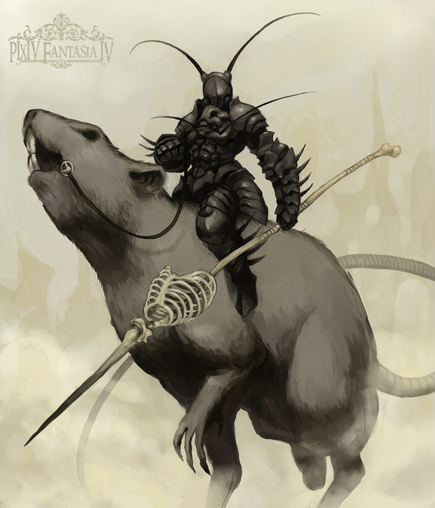 1boy, animal, antennae, armor, black_armor, black_eyes, bone, breastplate, copyright_name, dust, dust_cloud, full_armor, gauntlets, greaves, helm, helmet, holding, holding_polearm, holding_spear, holding_weapon, inuinu_(project_october), isopod, jaw, male_focus, oversized_animal, pauldrons, pixiv_fantasia, pixiv_fantasia_4, polearm, rat, ribs, riding, shoulder_armor, silhouette, spear, spikes, teeth, vambraces, weapon