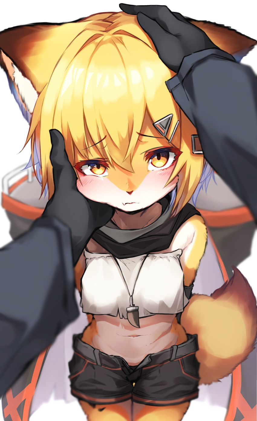 1girl, absurdres, animal_ears, arknights, arms_behind_back, black_gloves, black_shorts, blonde_hair