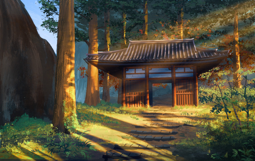 architecture, bamboo, building, commentary, east_asian_architecture, forest, highres, house