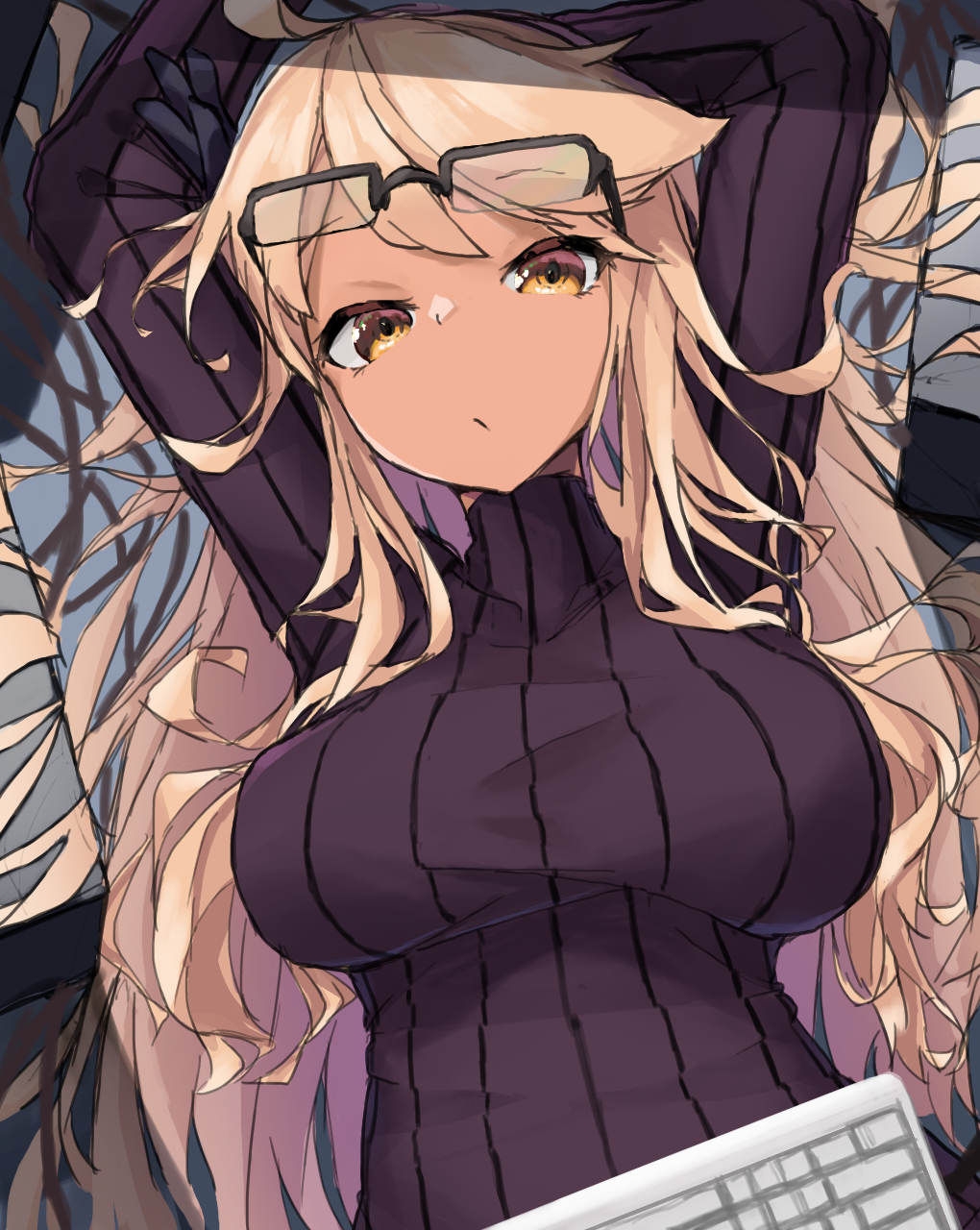 1girl, alma_armas, arms_up, black-framed_eyewear, blonde_hair, breasts, brown_eyes, commentary_request, dark_skin, glasses, highres, keyboard_(computer), large_breasts, long_hair, looking_at_viewer, lying, on_back, ribbed_sweater, solo, sweater, turtleneck, turtleneck_sweater, va-11_hall-a, yanagui