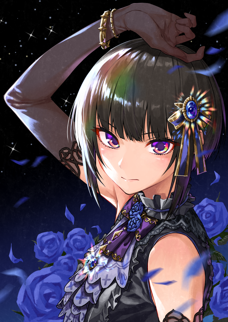 1girl, aisu_reizou, arm_over_head, arm_up, armpits, bangs, black_gloves, black_hair
