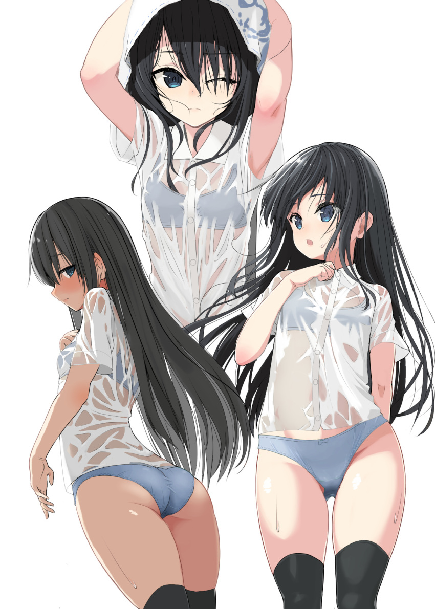 1girl, :o, ;(, ^_^, armpit_peek, arms_up, asashio_(kantai_collection), ass, ass_visible_through_thighs, bangs, black_legwear, blue_panties, blush, closed_eyes, collared_shirt, dress_shirt, drying, drying_hair, eyebrows_visible_through_hair, flat_chest, hand_on_own_chest, highres, kantai_collection, kuronaga, long_hair, looking_at_viewer, looking_back, looking_to_the_side, multiple_views, one_eye_closed, panties, seductive_smile, see-through, shirt, short_sleeves, simple_background, smile, straight_hair, thigh-highs, underwear, wet, wet_clothes, wet_shirt, white_background