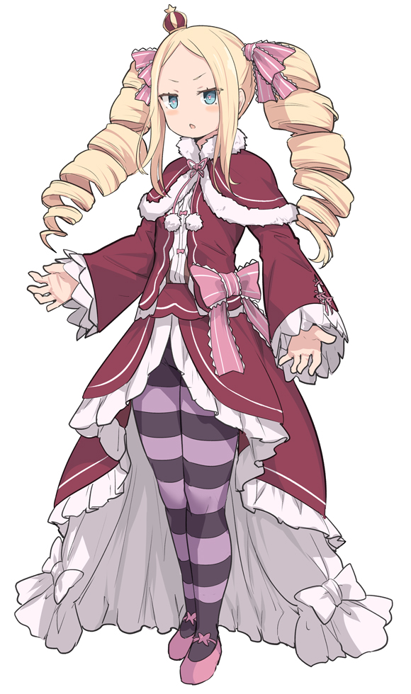 1girl, bangs, beatrice_(re:zero), blonde_hair, blue_eyes, blush, bow, capelet