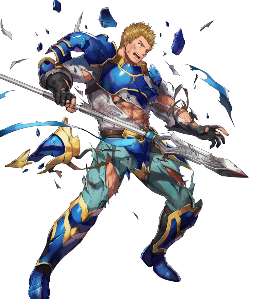 1boy, abs, belt, blonde_hair, blue_eyes, boots, dai-xt, fire_emblem, fire_emblem:_path_of_radiance, fire_emblem_heroes, full_body, gatrie_(fire_emblem), gloves, highres, injury, official_art, one_eye_closed, open_mouth, scar, solo, teeth, torn_clothes, transparent_background