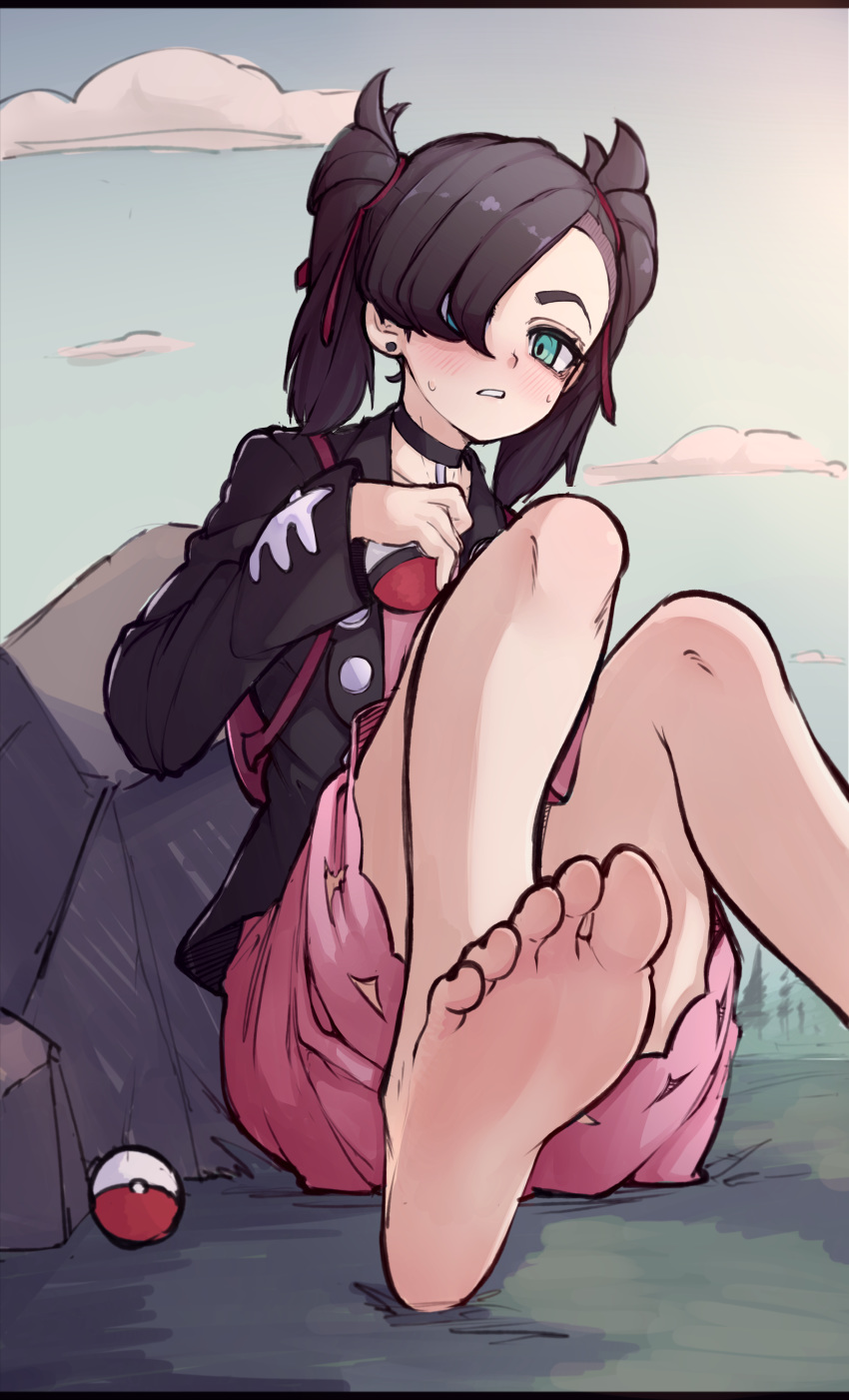 1girl, absurdres, asymmetrical_bangs, bangs, bare_legs, barefoot, black_choker, black_hair