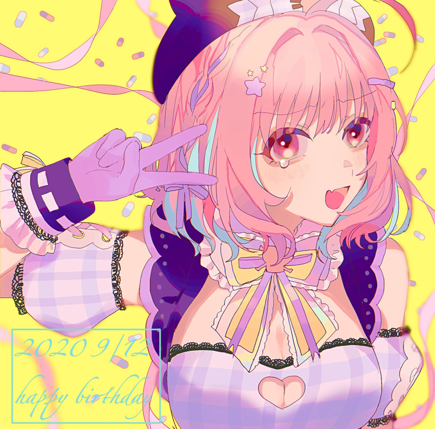 1girl, ahoge, blue_hair, bow, braid, cleavage_cutout, collar, detached_sleeves