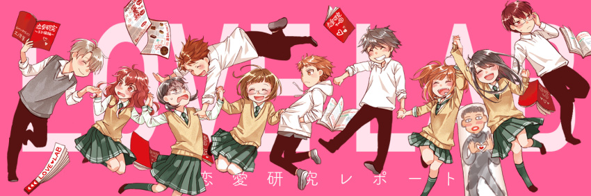 5boys, 5girls, ahoge, black_eyes, black_hair, blush, brown_eyes, brown_hair