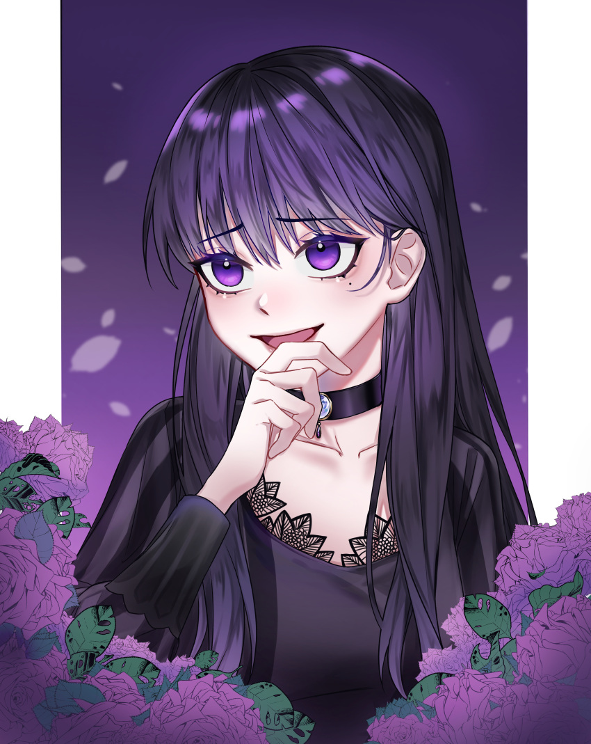 1girl, :d, absurdres, bangs, black_choker, black_dress, black_hair, choker, chuan_svt, dress, flower, gem, hand_up, highres, long_sleeves, medea_solon, mole, mole_under_eye, open_mouth, purple_background, purple_flower, smile, solo, upper_body, violet_eyes, your_throne