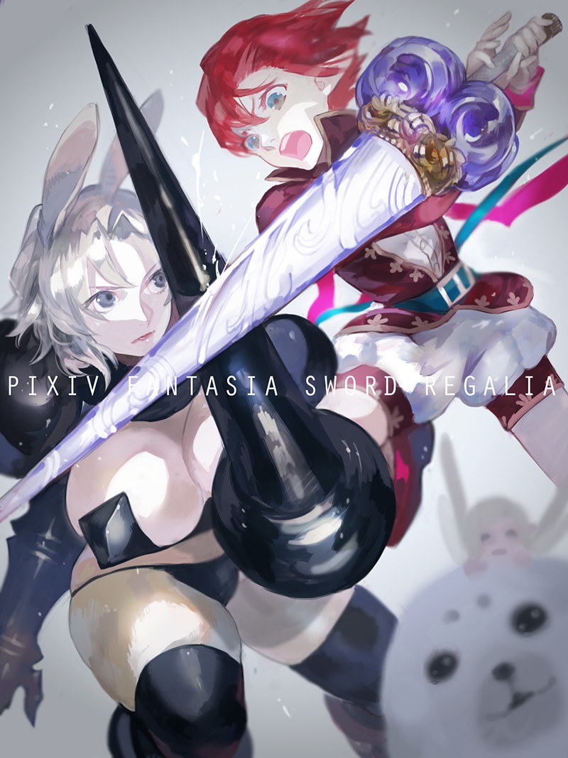 1boy, 3girls, angry, animal_ears, armor, battle, bertolucci_(pixiv_fantasia), blue_eyes