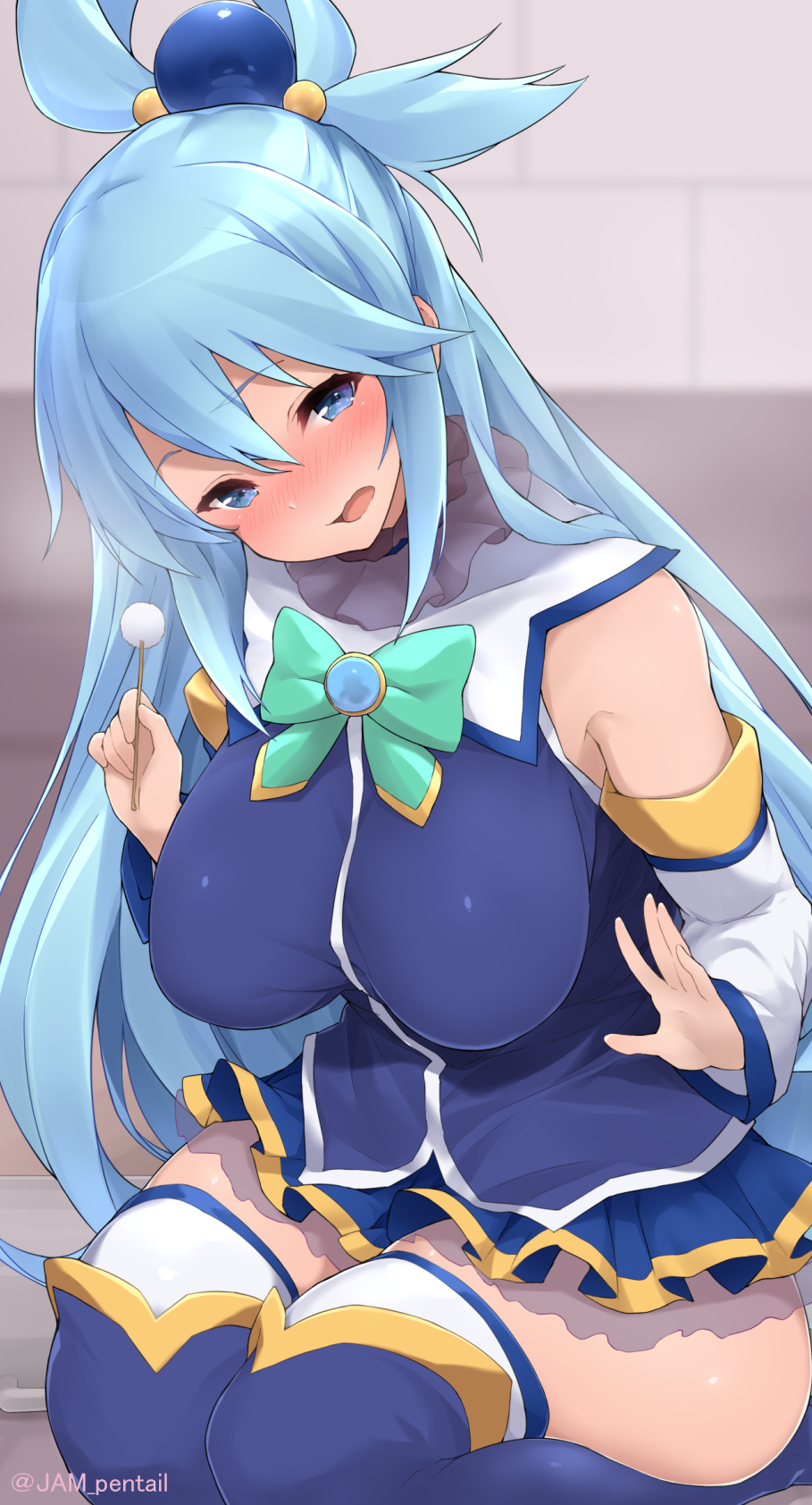 1girl, aqua_(konosuba), bare_shoulders, blue_eyes, blue_hair, blush, breasts, commentary_request