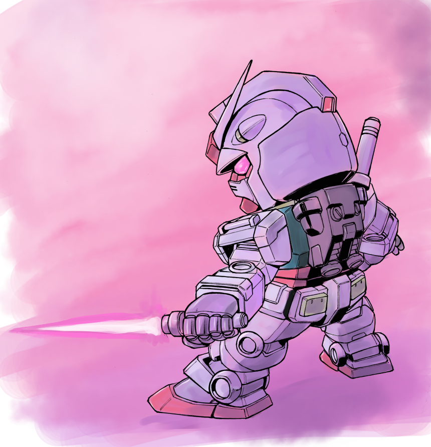 beam_saber, chibi, from_behind, gundam, holding, holding_sword, holding_weapon, looking_down
