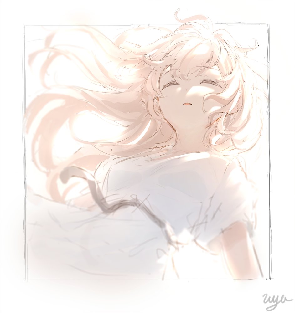 1girl, blonde_hair, breasts, closed_eyes, floating_hair, lying, open_mouth, original