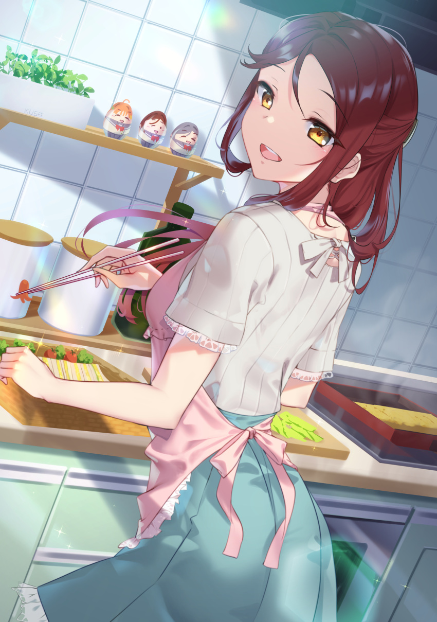 1girl, :d, absurdres, apron, blue_skirt, blush, bottle, bow