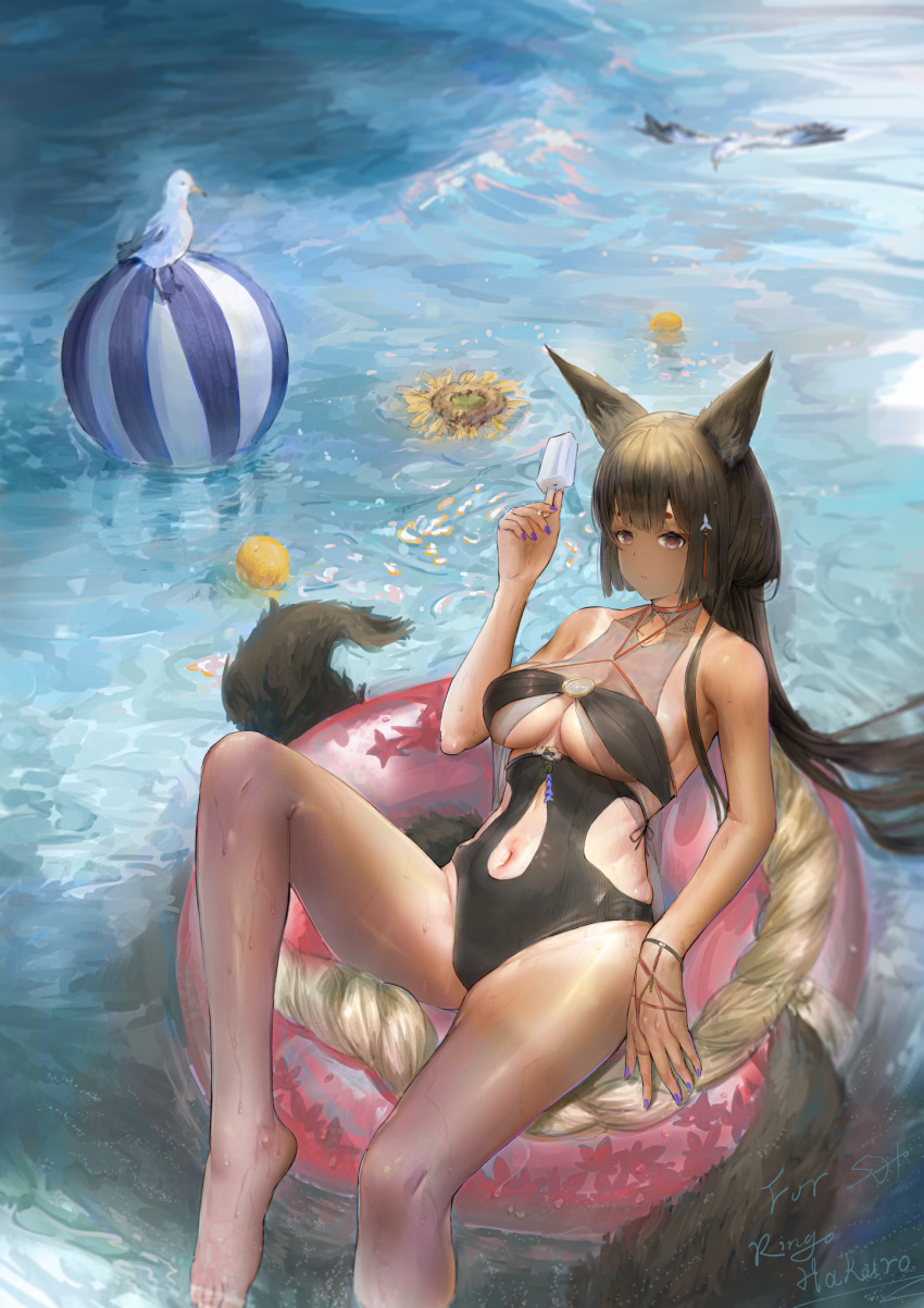 1girl, amagi_(azur_lane), animal_ears, azur_lane, ball, beachball, black_swimsuit, breasts