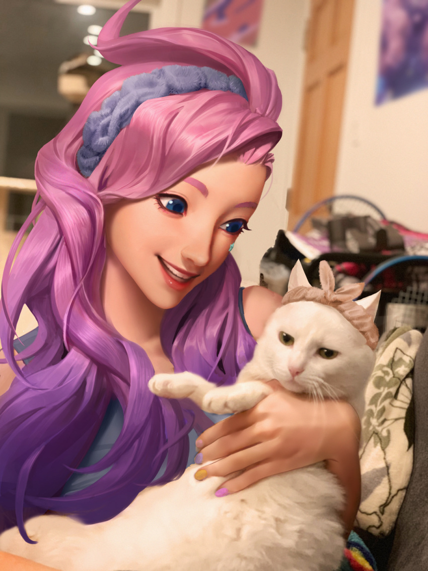 1girl, animal, artist_request, bao_(league_of_legends), blue_eyes, cat, commentary, cradling