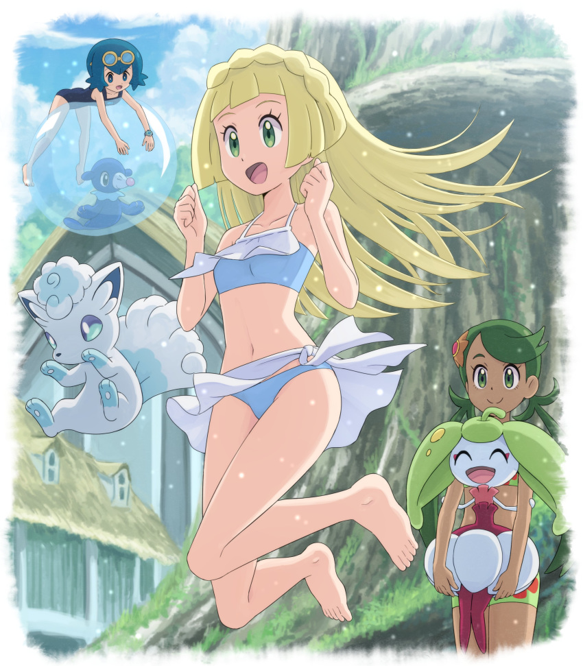 3girls, absurdres, alolan_form, alolan_vulpix, bangs, barefoot, blonde_hair, blue_eyes, blue_hair, blue_swimsuit, breasts, bubble, closed_mouth, clouds, collarbone, commentary_request, day, eyelashes, floating_hair, gen_7_pokemon, goggles, goggles_on_head, green_eyes, green_hair, hands_up, highres, holding, holding_pokemon, jumping, lana_(pokemon), lillie_(pokemon), long_hair, mallow_(pokemon), multiple_girls, no_sclera, one-piece_swimsuit, outdoors, pokemoa, pokemon, pokemon_(anime), pokemon_(creature), pokemon_sm_(anime), popplio, short_hair, sky, smile, steenee, swimsuit, toes, twintails