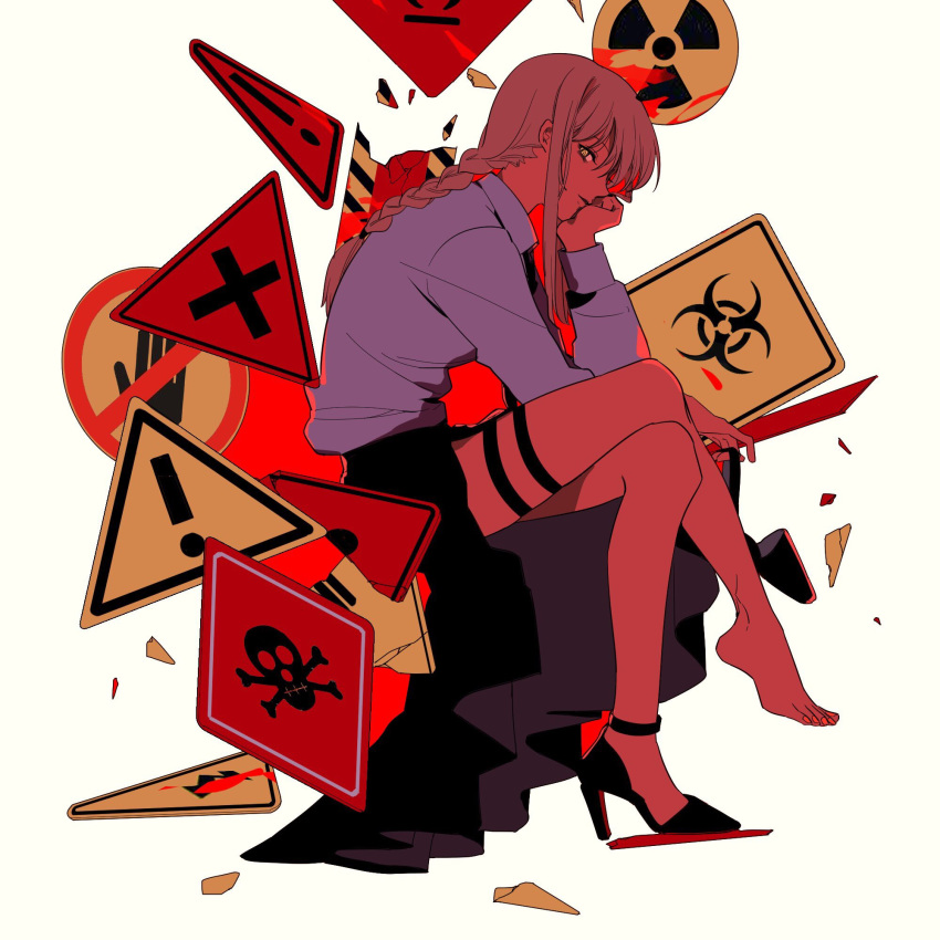 1girl, anklet, bare_legs, barefoot, biohazard_symbol, black_footwear, black_legwear, black_neckwear