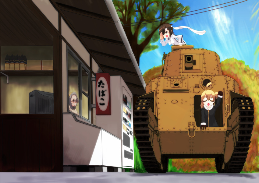 3girls, ahoge, blonde_hair, breasts, brown_eyes, brown_hair, candy_store, caterpillar_tracks