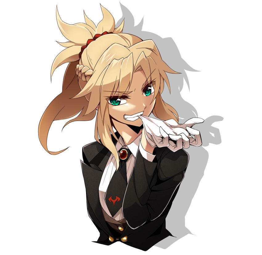1girl, bangs, biting, blonde_hair, braid, breasts, eyebrows_visible_through_hair, fate/apocrypha