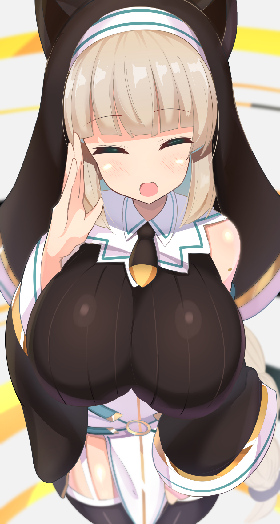 1girl, animal_ears, bangs, bare_shoulders, blush, bombergirl, breasts, brown_hair