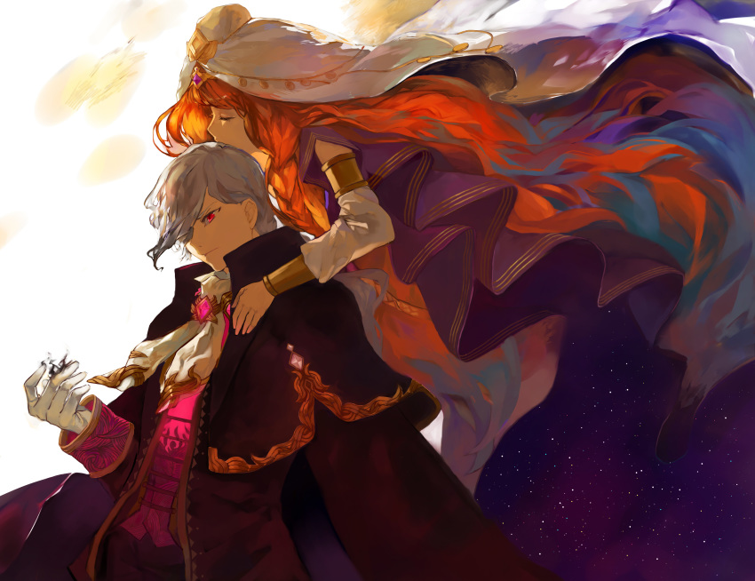 0803mm, 1boy, 1girl, arm_warmers, black_capelet, brooch, brown_hair, capelet, closed_eyes, closed_mouth, cravat, dress, edmond_dantes_(fate/grand_order), fate/grand_order, fate_(series), formal, gloves, grey_hair, hair_over_one_eye, haydee_(fate), highres, jewelry, long_hair, looking_away, popped_collar, red_eyes, suit, veil, white_gloves, white_neckwear, white_sleeves