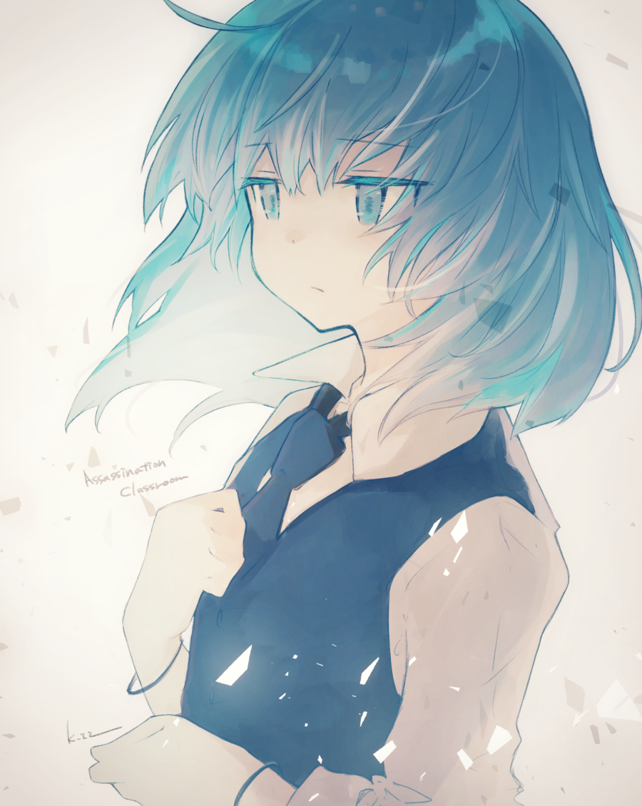 1boy, ansatsu_kyoushitsu, blue_eyes, blue_hair, collar, eyebrows_visible_through_hair, hair_tie, kasuga_haruhi