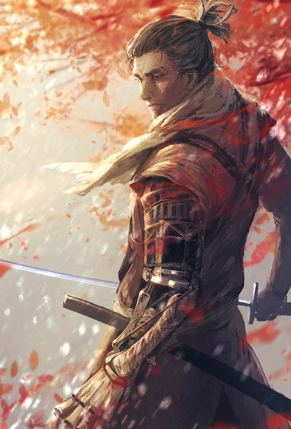 1boy, autumn, autumn_leaves, black_hair, closed_mouth, coat, commentary_request, cowboy_shot