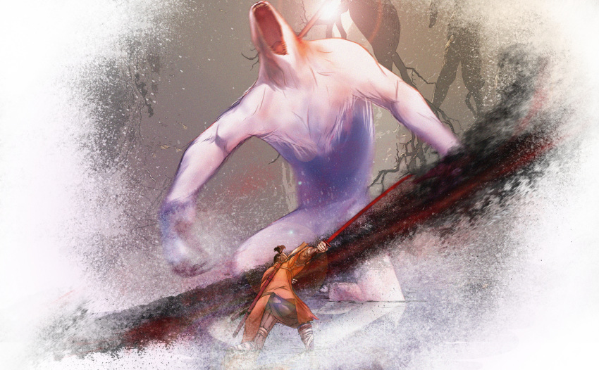 1boy, ape, attack, backlighting, bandages, black_hair, blood, claws, commentary_request, facing_away, feng_chui_xingyun, from_behind, guardian_ape, highres, holding, katana, long_sleeves, looking_up, male_focus, monster, motion_blur, open_mouth, outdoors, sekiro, sekiro:_shadows_die_twice, sheath, short_hair, size_difference, sword, teeth, topknot, torn_clothes, tree, unsheathed, wading, water, weapon, white_fur