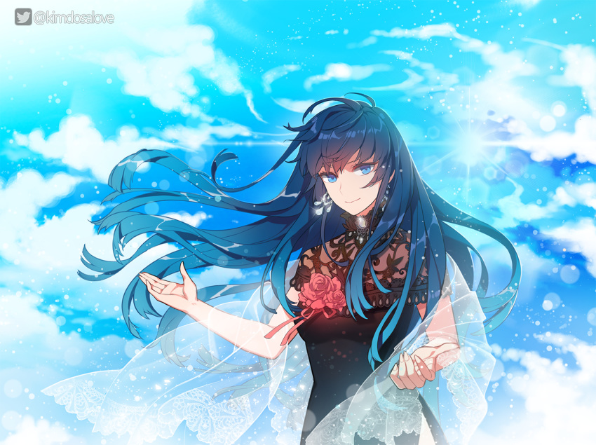 1girl, black_dress, blue_eyes, blue_hair, clouds, commission, dress, earrings, flower, jewelry, kimdosalove, long_hair, original, outdoors, see-through, smile, sunlight, twitter_username, watermark, wind