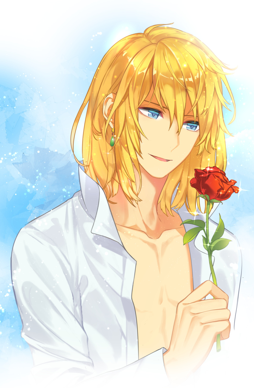 1boy, blonde_hair, blue_eyes, collarbone, earrings, flower, hair_between_eyes, highres