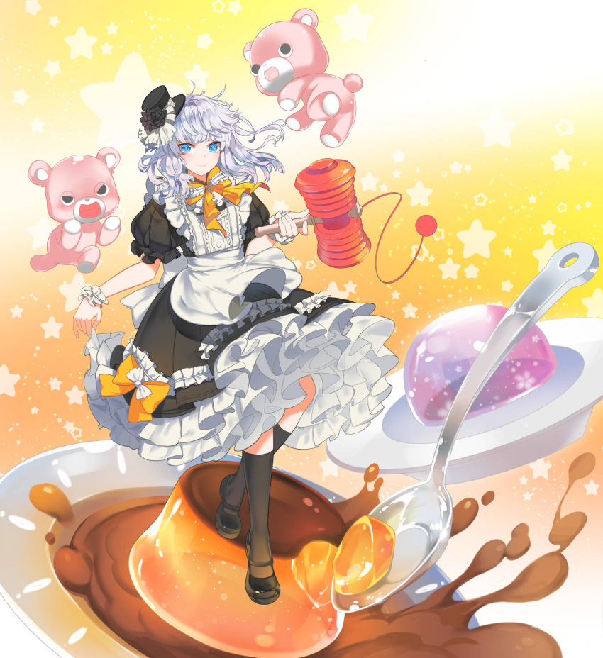 1girl, apron, black_dress, black_footwear, black_legwear, blue_eyes, bow, commission