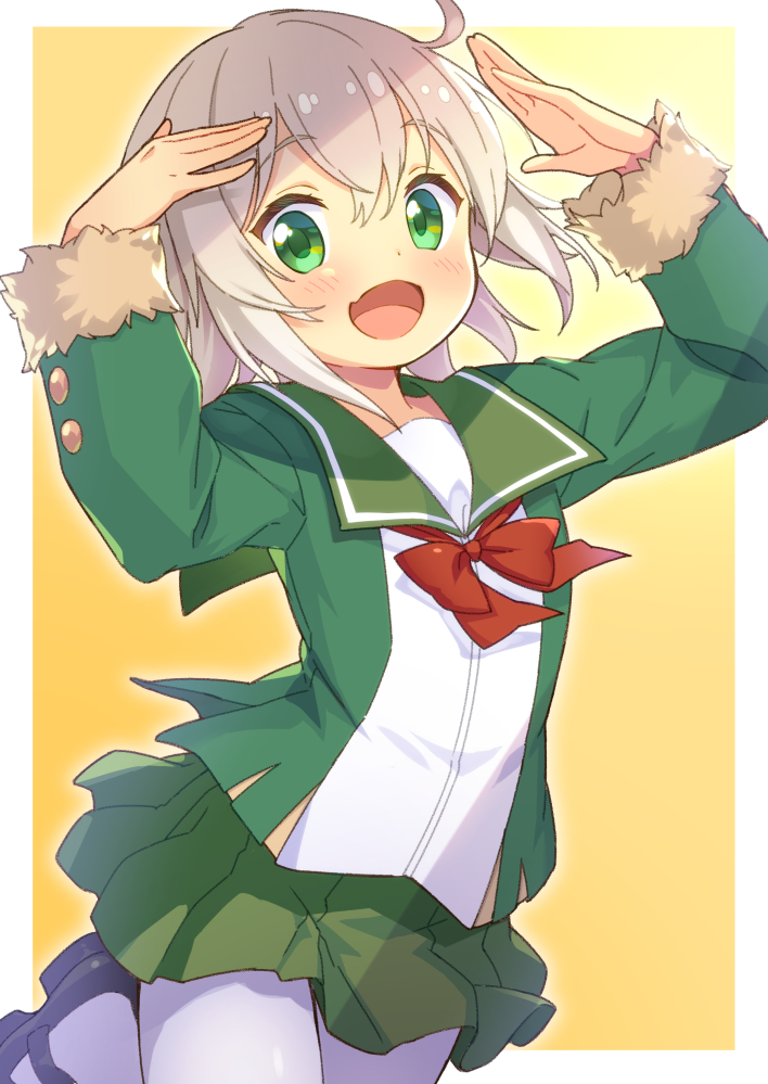 1girl, :d, arms_up, bangs, black_footwear, blush, bow, commentary_request
