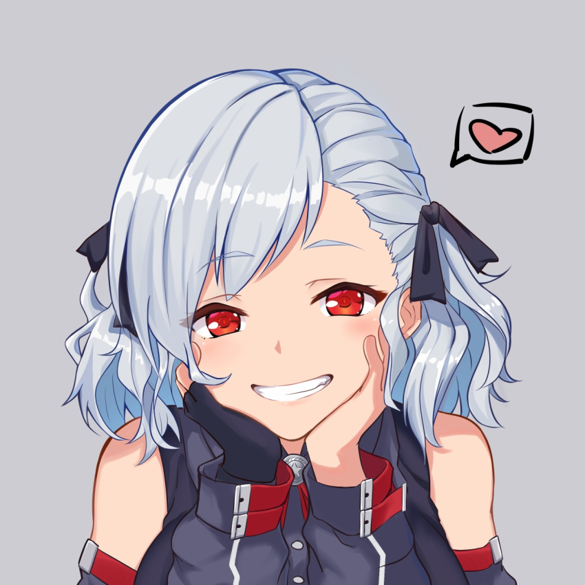 1girl, admiralkeyes, asymmetrical_bangs, bangs, bare_shoulders, black_ribbon, blush, breasts, eyebrows_visible_through_hair, fang, girls_frontline, grey_background, hair_ribbon, hands_on_own_face, heart, highres, large_breasts, looking_at_viewer, red_eyes, ribbon, short_hair, silver_hair, simple_background, smile, solo, spas-12_(girls_frontline), spoken_heart, teeth, twintails