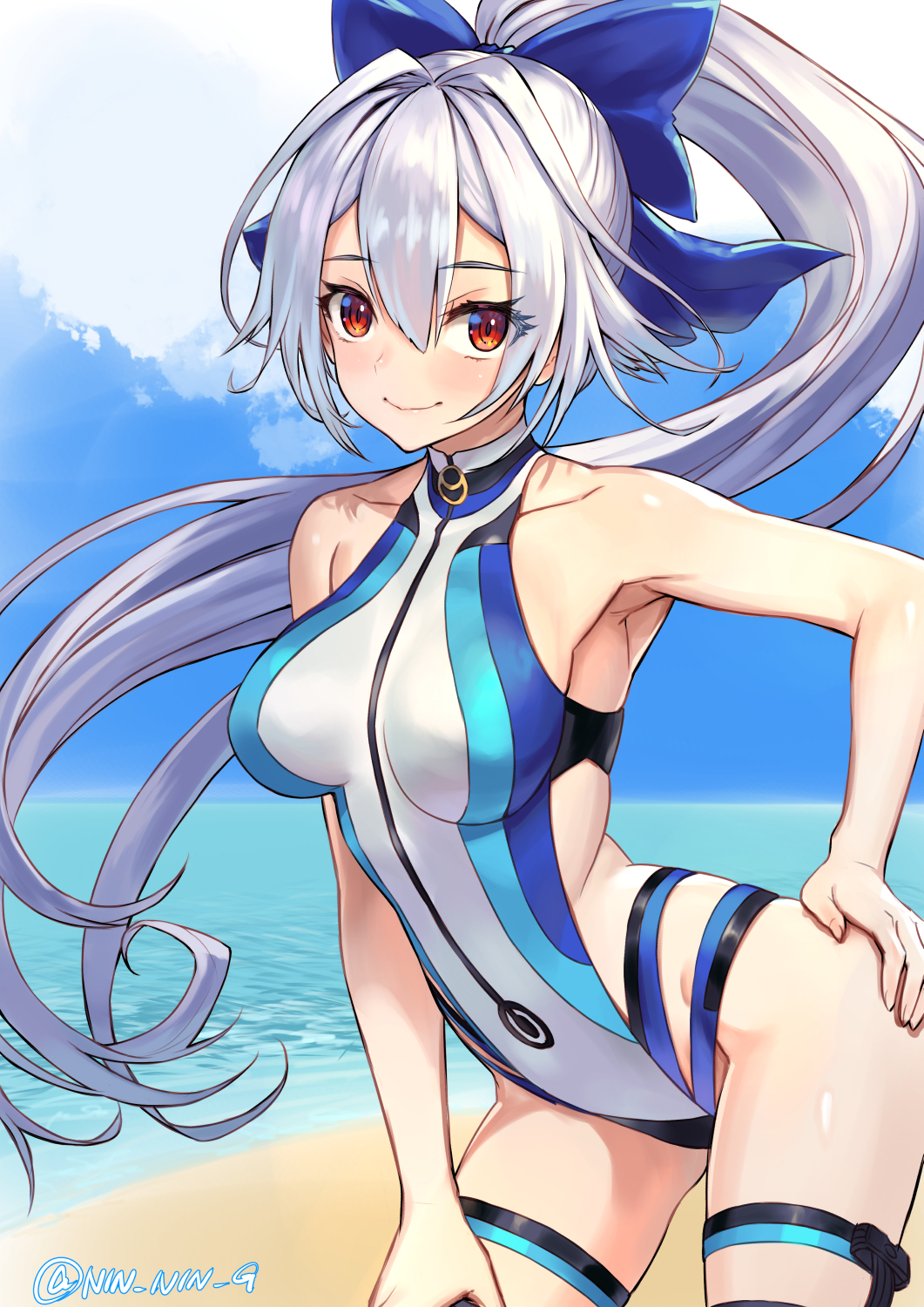 1girl, bangs, beach, blue_bow, blue_sky, blue_swimsuit, blush, bow