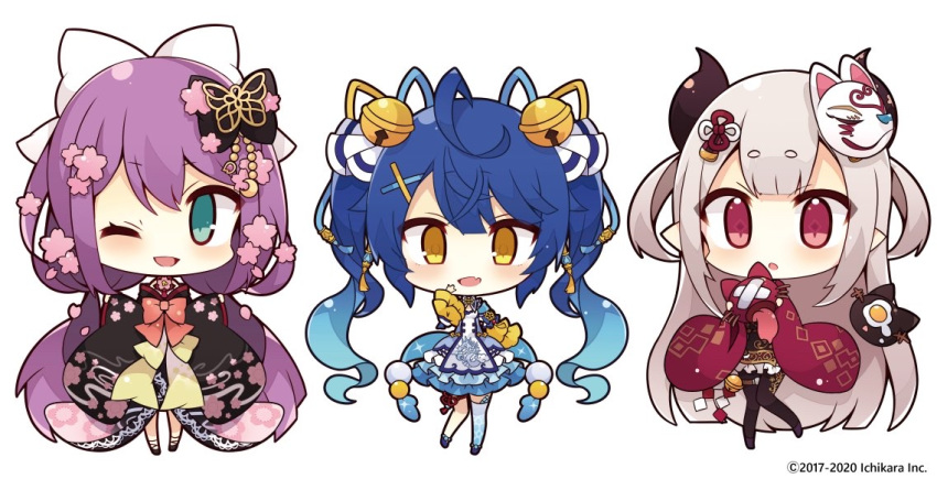 3girls, ;d, ahoge, amamiya_kokoro, bangs, bell, black_bow, black_kimono