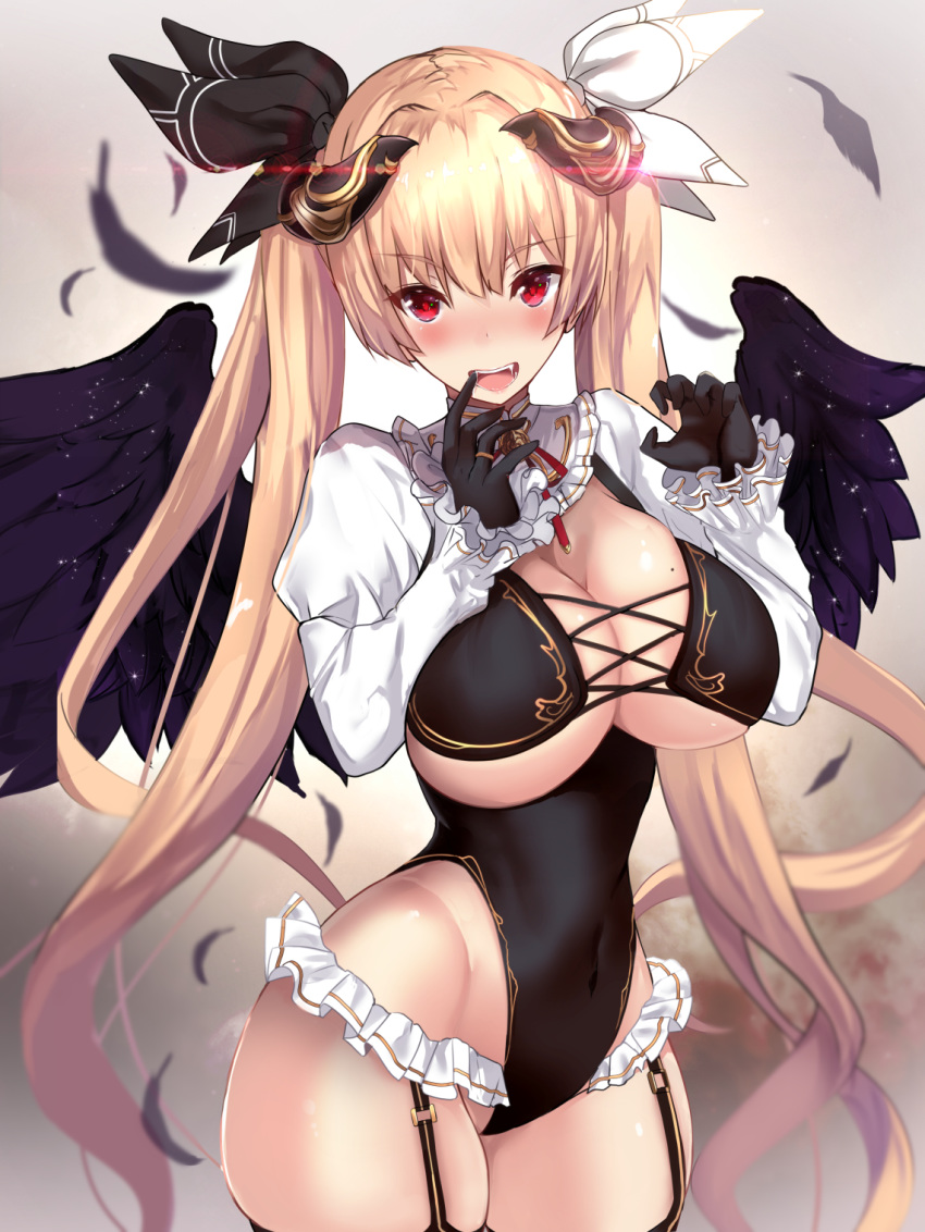 1girl, :d, angel, angel_wings, bangs, black_gloves, black_legwear, black_leotard