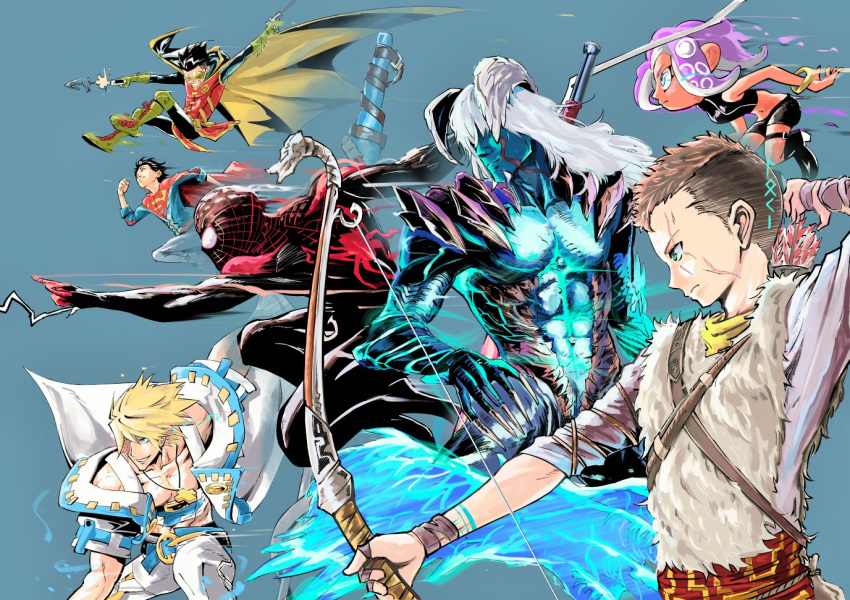 alternate_form, atreus, batman_(series), blonde_hair, bodysuit, brown_hair, cape, crossover