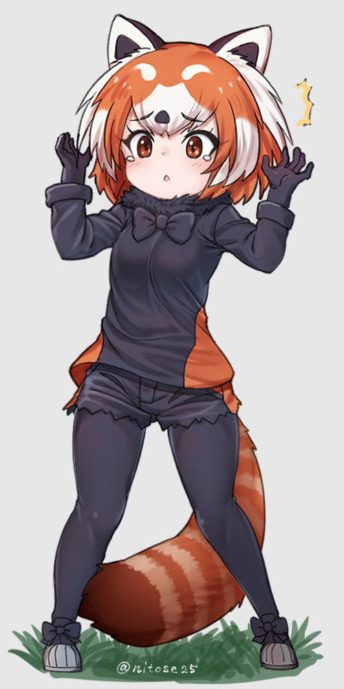 1girl, animal_ears, arms_up, black_bow, black_gloves, black_hair, black_legwear, black_shirt