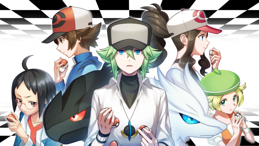 2girls, 3boys, ahoge, bangs, baseball_cap, bianca_(pokemon), black_hair, black_vest