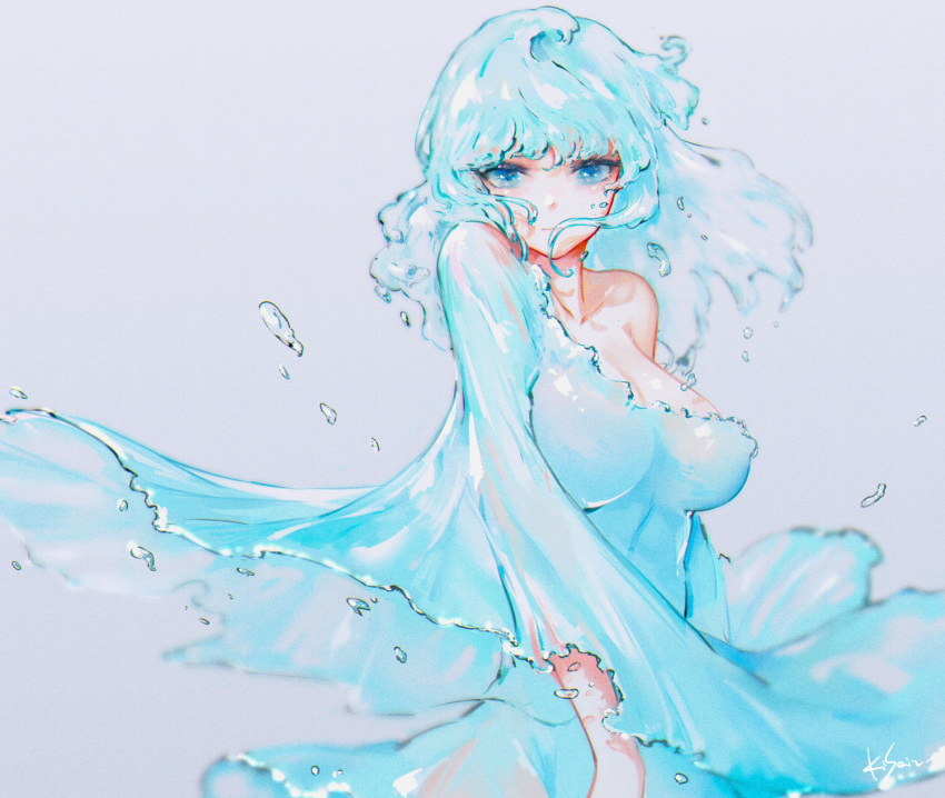 1girl, bangs, bare_shoulders, blue_dress, blue_eyes, blue_hair, blue_theme, breasts
