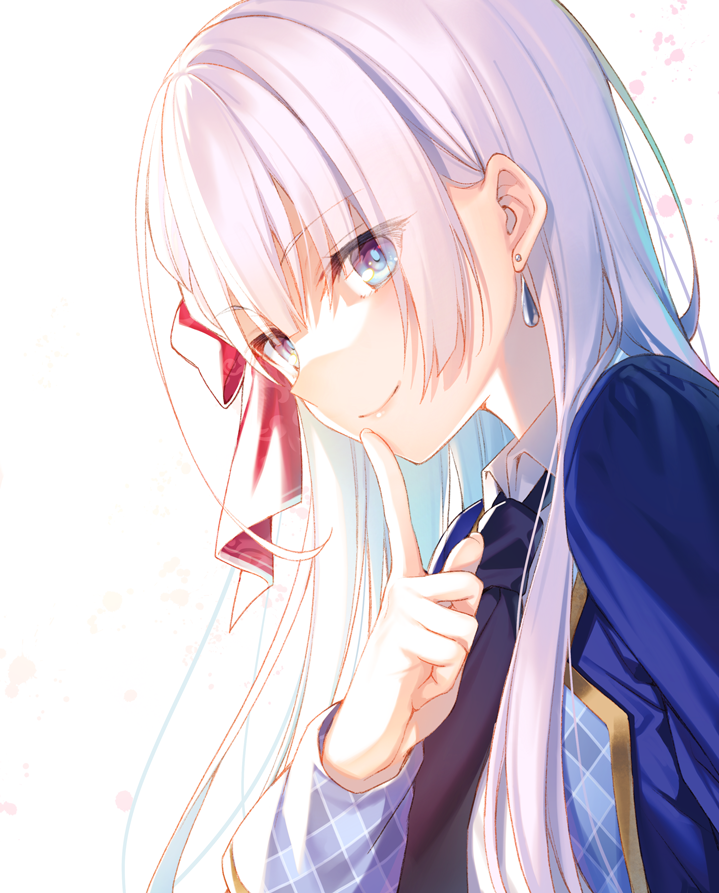 1girl, blue_eyes, commentary_request, earrings, eyebrows_visible_through_hair, eyes_visible_through_hair, jewelry, long_hair